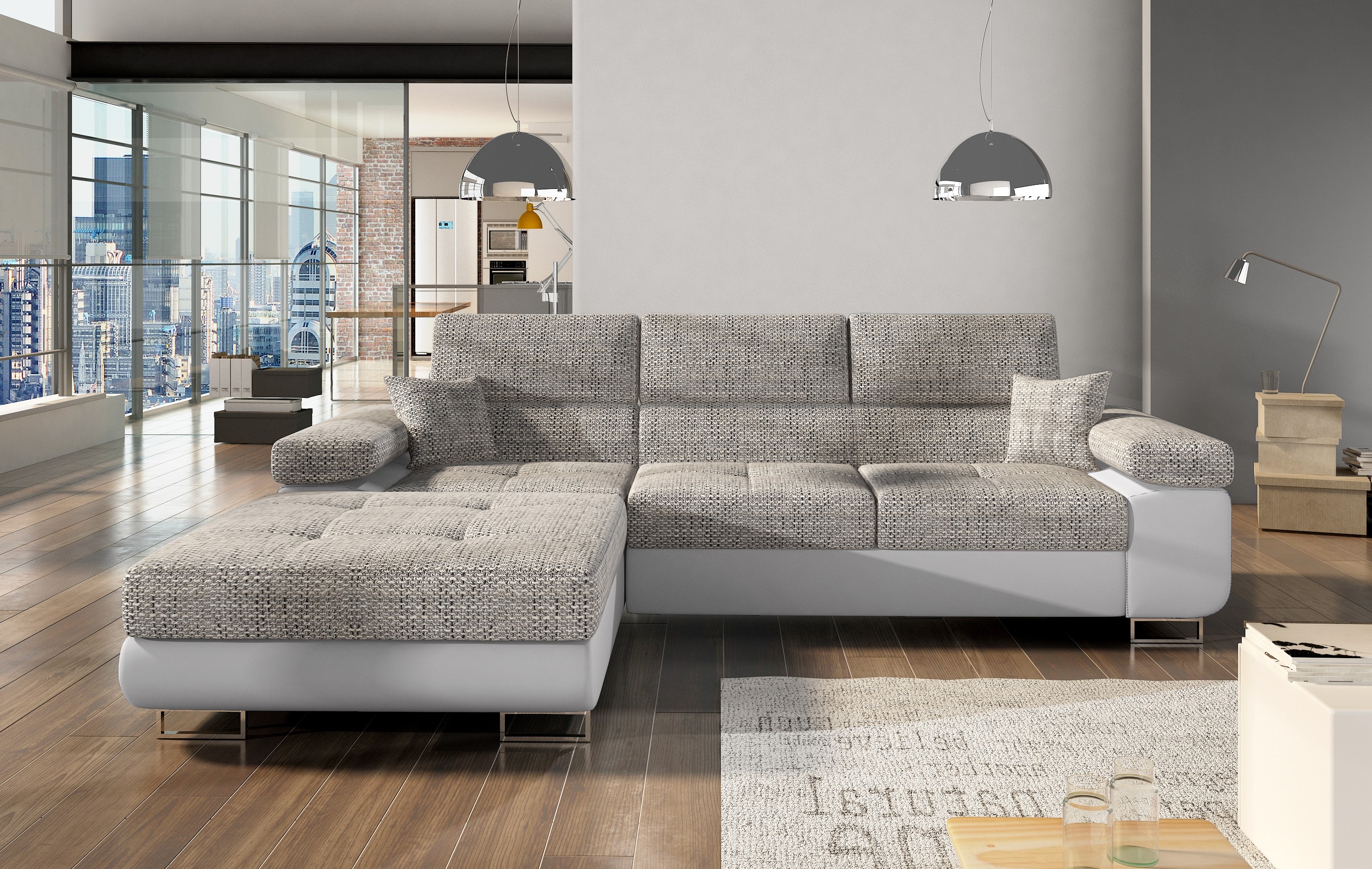 Ecksofa Amanda, Struktur/Kunstleder, Schlaffunktion, Bettkasten